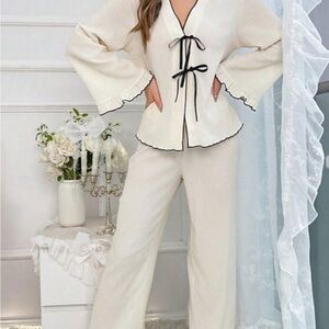 Elegant Cream Loungewear Set with Black Trim